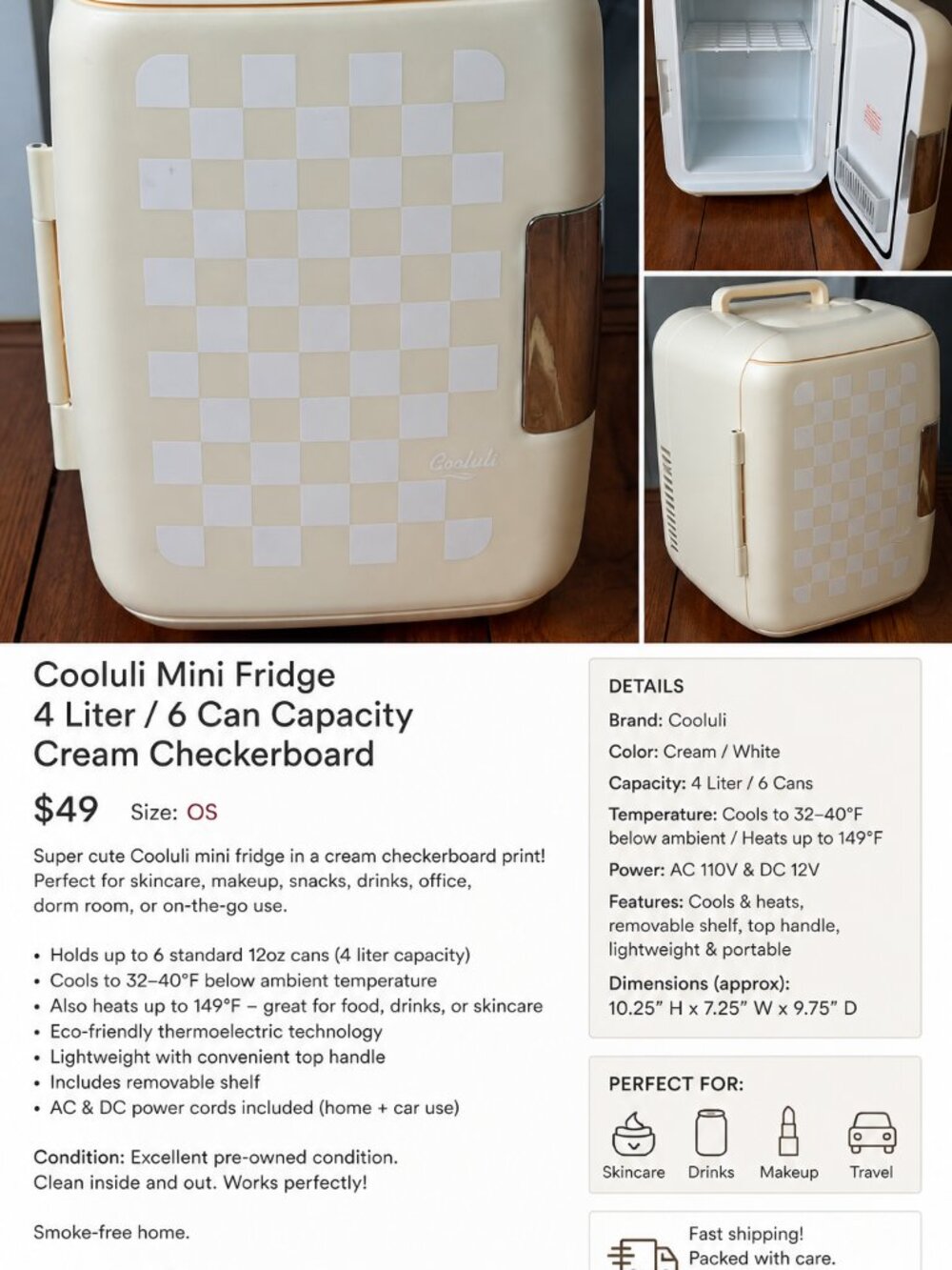 Urban Outfitters Style Cooluli Mini Fridge Cream Checkerboard 4L